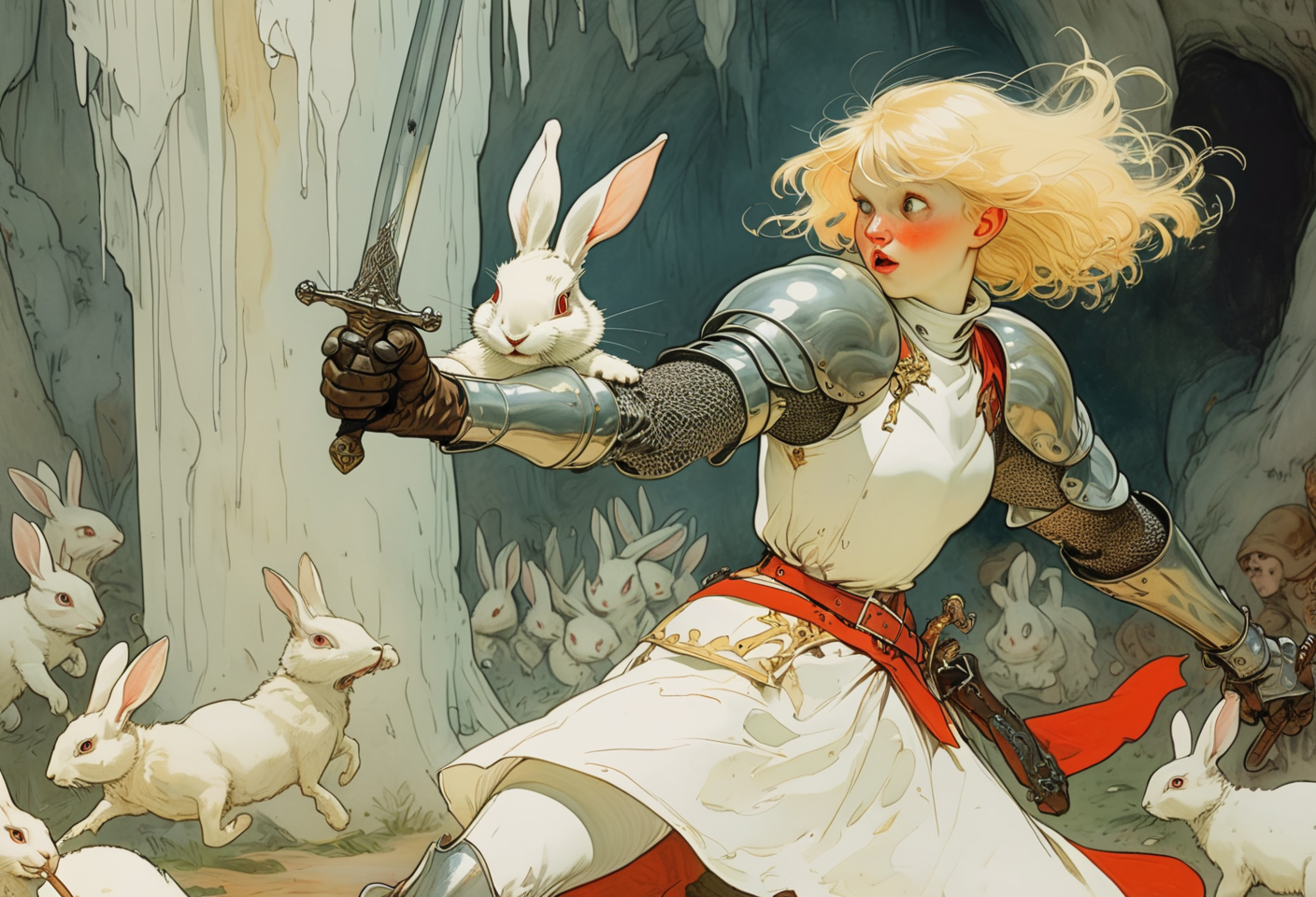 00010-4001389021-Art by Carl Larsson. Closeup of a playful and chaotic scene of a blonde knight fighting white rabbit. _BREAK_The blonde knight,.png